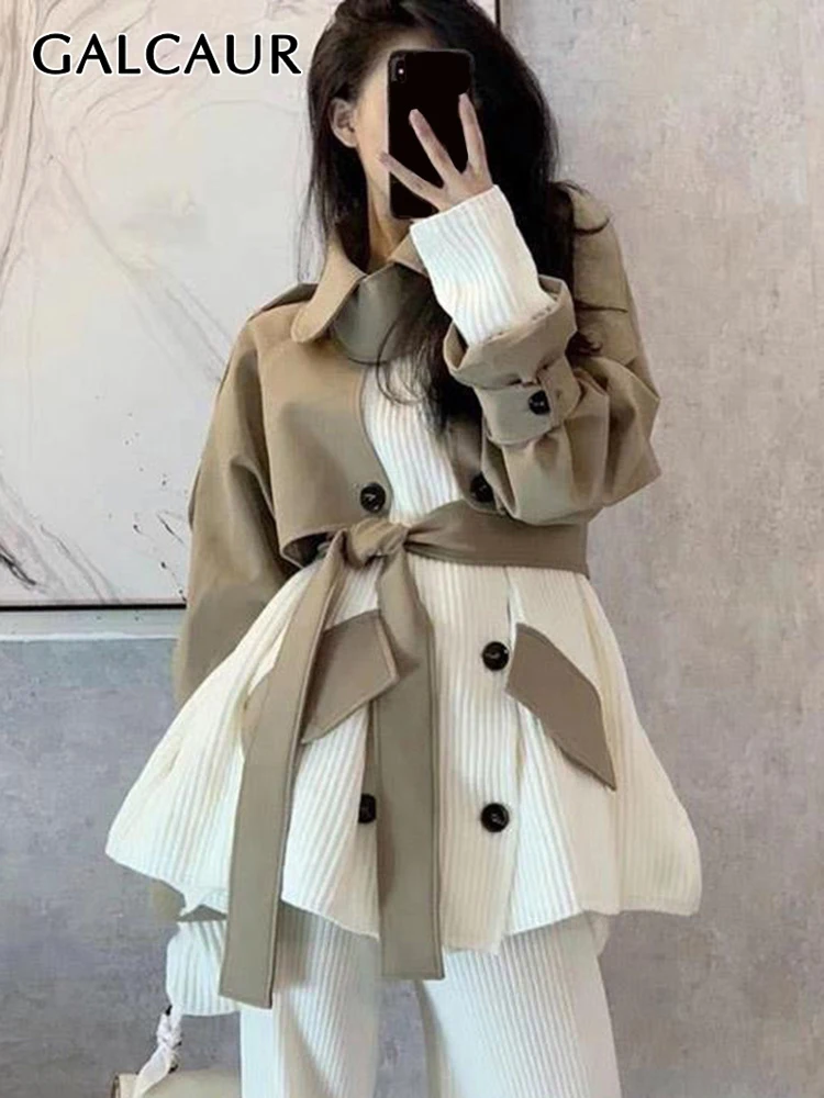

GALCAUR Korean Fashion Coat For Women Lapel Long Sleeve Patchwork Color Block Loose Spring Coats Female Clothing New 2022 Style