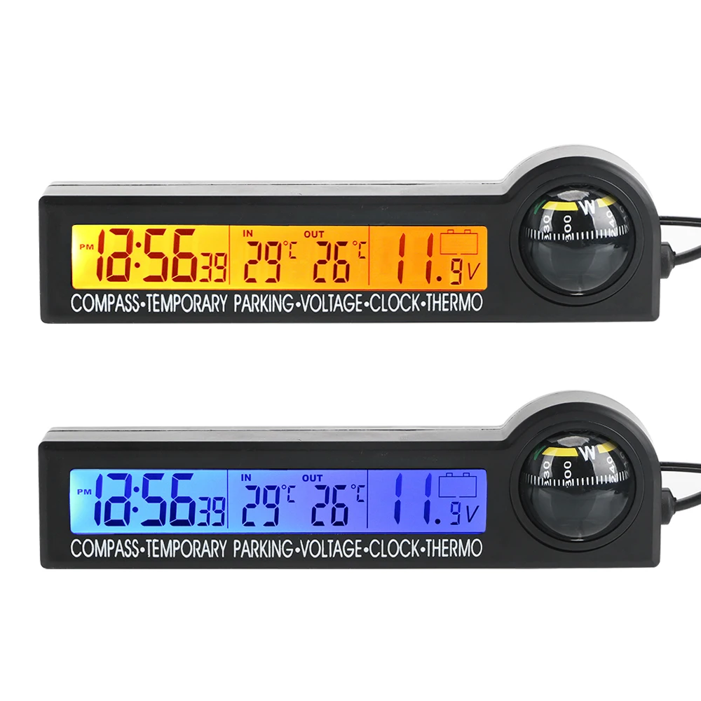 

Multi-Function LCD Display Screen Voltage Tester 5 in 1 Clock Calendar Compass Thermometer Car Temporary parking card