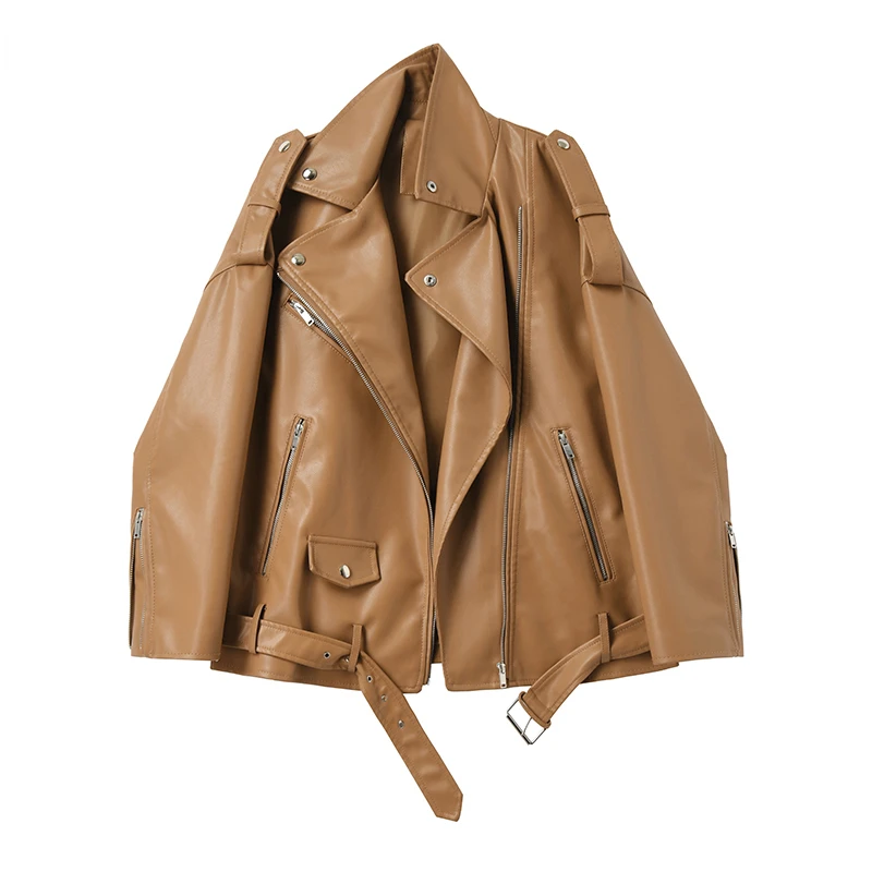 

Spring Autumn Faux Leather Jackets Women New Loose Casual Coat Female Drop-shoulder Motorcycles Outwear with Belt Chaqueta