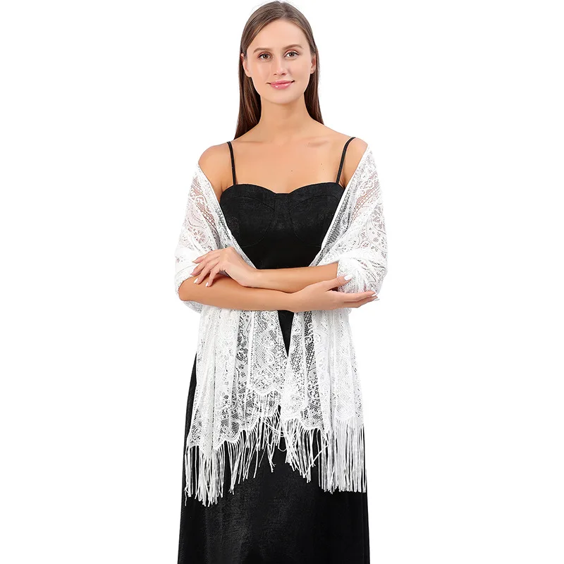 

Lace Shawl Scarf Elegant Lace Sheer Hollow Tassel Scarves Wraps Foulard Mesh Yarn Wedding Shawl Women Solid Party Evening Scarve