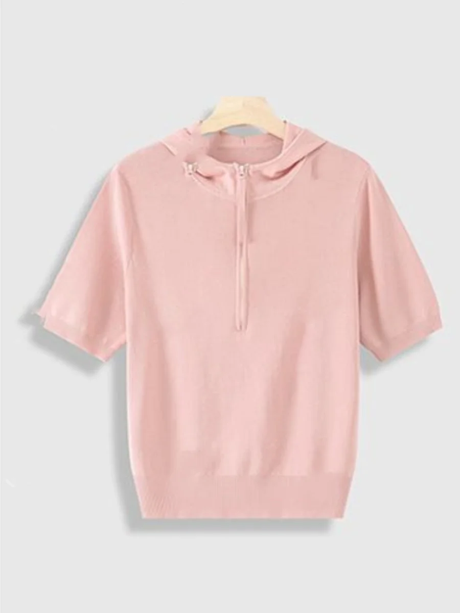 Knitted Short sleeve T-shirt Women 2024 Summer New Hoodie Raglan Plus size Chubby Girl Soft Glutinous Hood Pullover Top