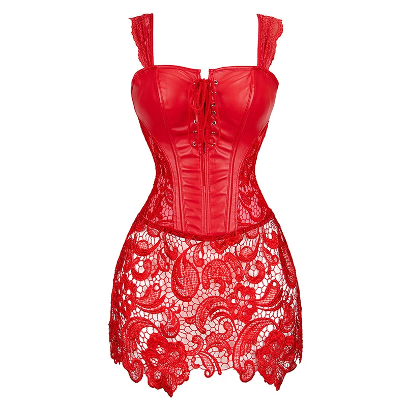 

Women Steampunk Steel Boned Waist Cincher Sexy Lingerie Gothic Lace Up Straps Bustier Overbust Faux Leather Sexy Red Corset
