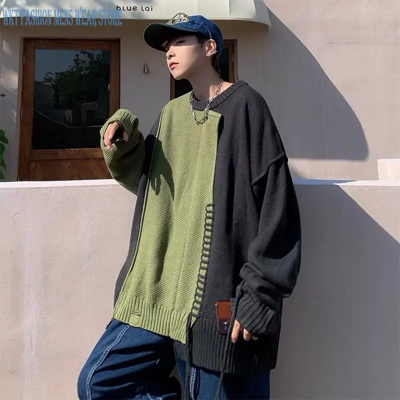 Retro Stitching Contrast Color Sweater Men's Winter Knitwear Loose Fashion Coat Pullovers Casual Round Neck Men's Clothing