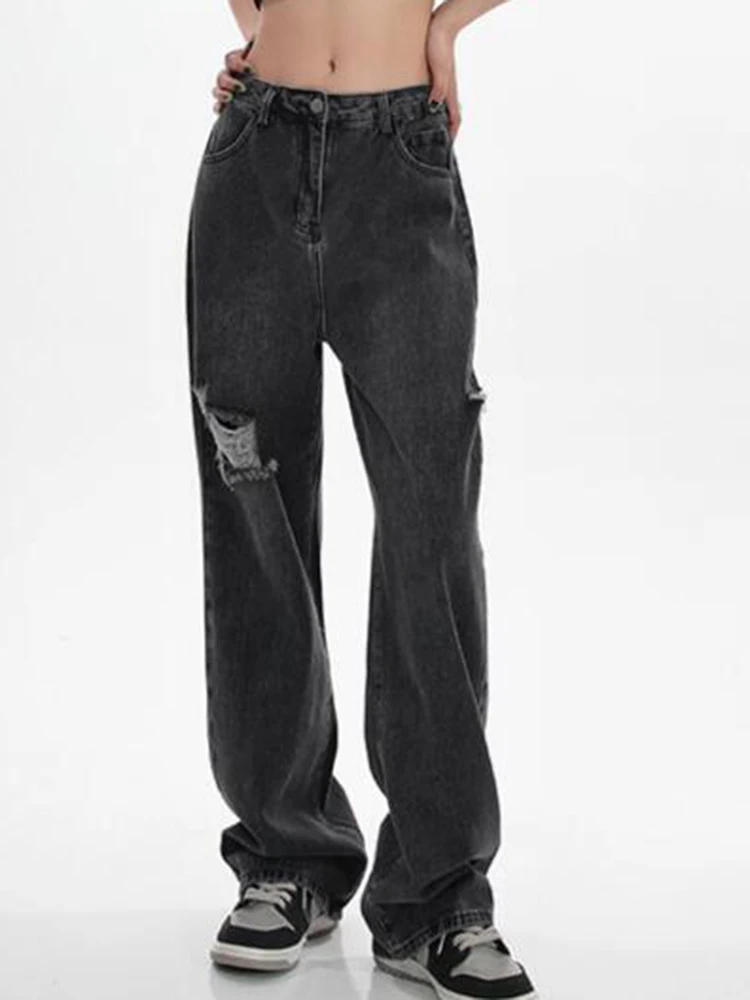 

Streetwear Vintage Ripped Jeans Women High Waist Self Cultivation Straight Denim Trouser Girls Fashion Simple Wide Leg Jean Pant