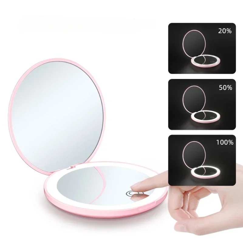 

Mini LED Luminous Makeup Mirror Round Portable Foldable Small Compact Mirror with Light USB Handheld Makeup Magnifying Mirrors