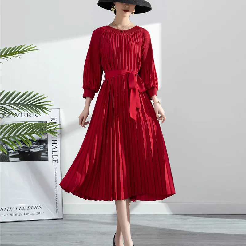 

SuperAen 2022 Spring Fashion Loose Oversized Print Slim Skinny Laced Pleated O-Neck A-LINE Mid-Calf Casual Dresses Women