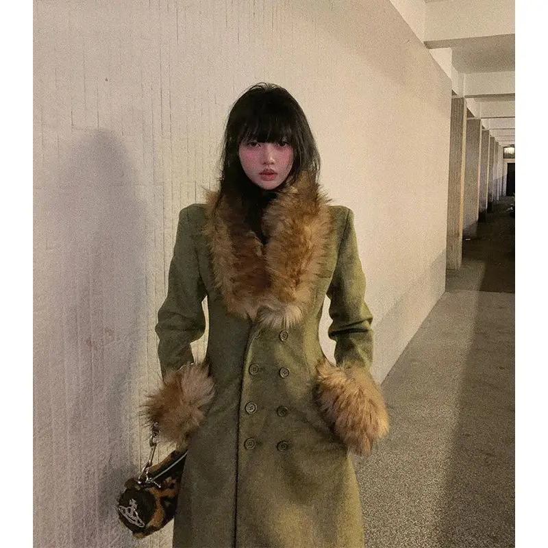 Модное темпераментное шерстяное пальто с меховым воротником женская зимняя