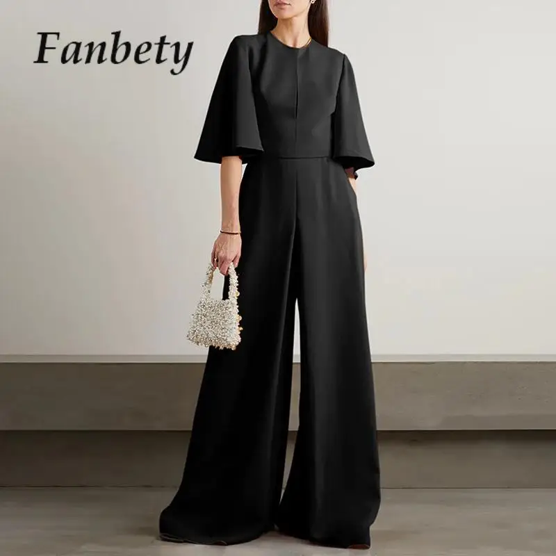 

2023 Chic Half Sleeve High Waist One Piece Romper Lady Solid Wide Leg Pants Party Overall Simple Fashion Loose Women's Jumpsuit