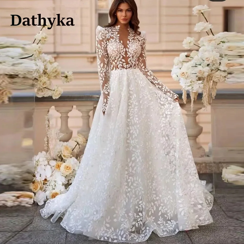 

Dathyka Exquisite Court Train Wedding Dresses For Mariages Halter Button Appliques Backless Tulle Full Sleeve A-Line Customised