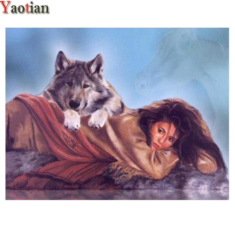 

Полноформатная Алмазная мозаика, вышивка 5D, алмазная живопись «сделай сам», индийская женщина, волк, картина стразы, Набор для вышивки крест...