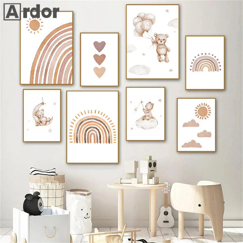 Плакат принт для детской на стену с изображением солнца радуги звезд облаков