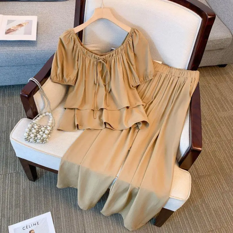 Большой женский топ с рюшами и объемными рукавами широкие брюки комплект для