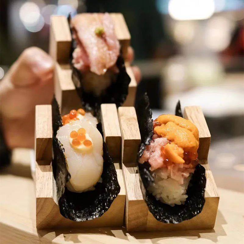 

Japanese Sushi Rack Wooden Taco Snack Food Holder Wood Plate Cuisine Stand Sashimi Sushi Boat for Restaurant Hotel Home
