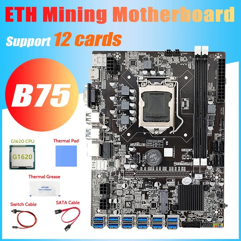 B75 ETH Mining Motherboard 12 PCIE To USB+G1620 CPU+Switch Cable+SATA Cable+Thermal Grease+Thermal Pad B75 Motherboard