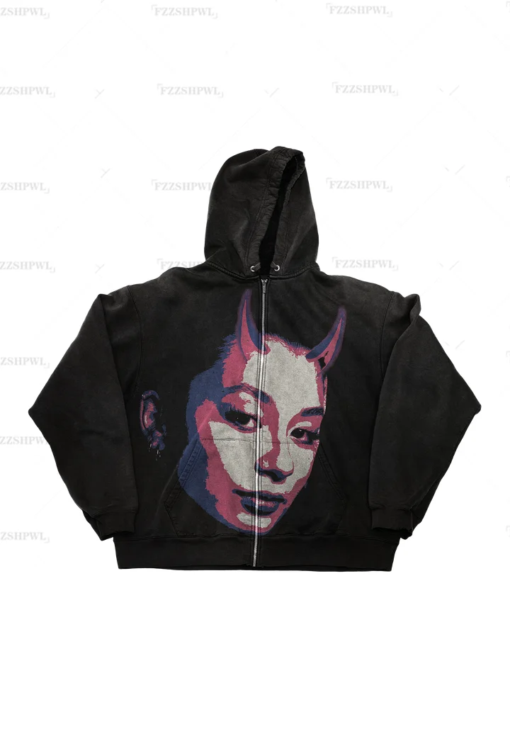 

Goth Graphic Print Hoodies Women High Street Vintage Hip Hop Sweatshirt Loose Zip Up Hoodie Clothes Tops Y2K men clothing emo