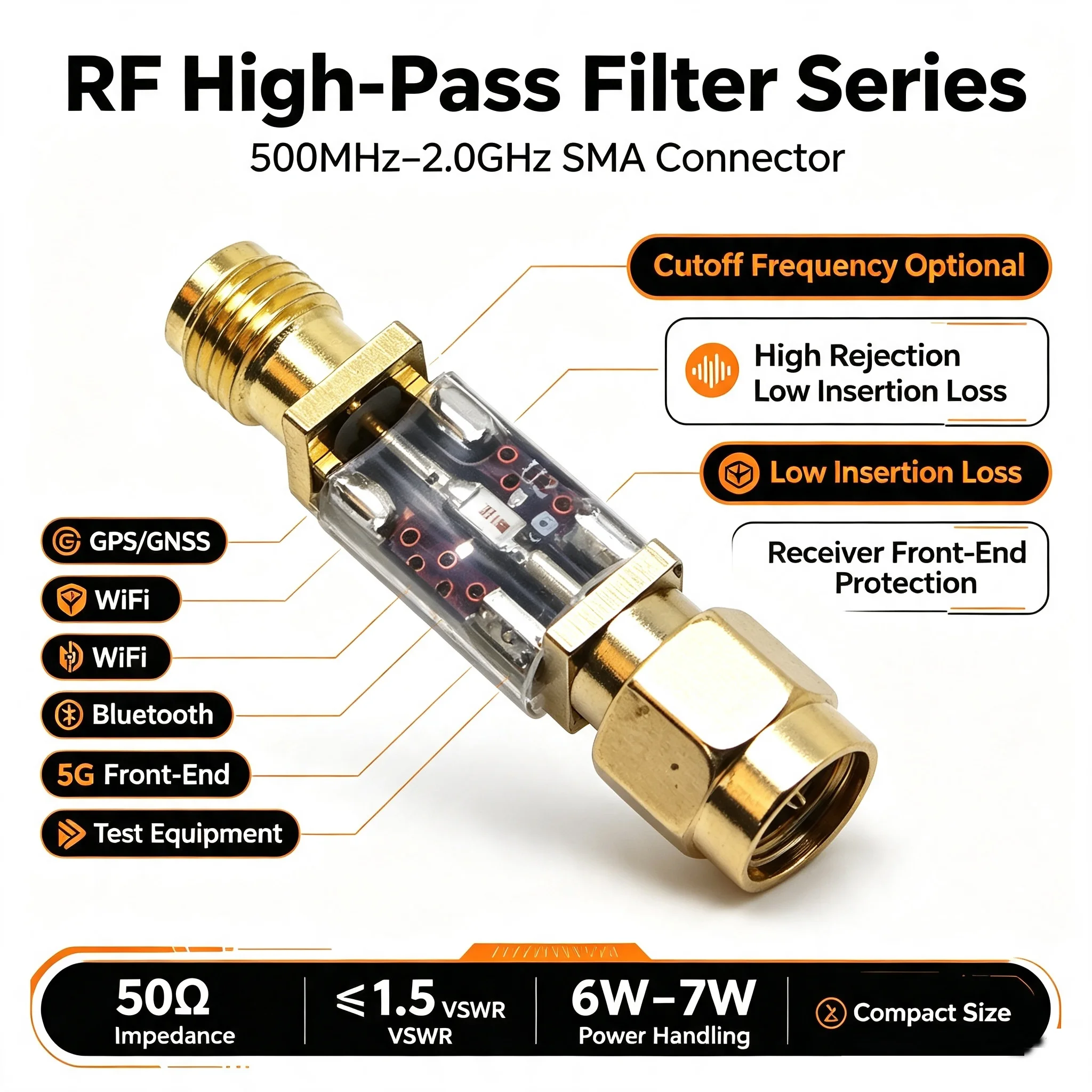 Фото 500 МГц 1.2Г 1.6Г 2ГГц высокочастотный фильтр SMA RF HPF с подавлением низких частот для беспроводной связи, радиолюбительского оборудования, SDR-приемника №1