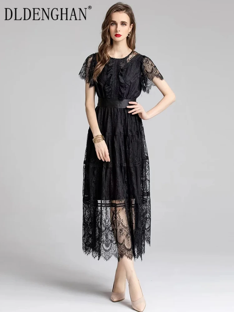 

DLDENGHAN Women Lace Dress O-Neck Flare Sleeve Ruffles Hollow Out Black Vintage Party Long Dresses Fashion Designer Summer New