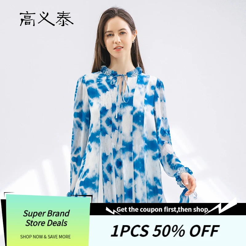 

Double-layered Georgette Silk Fungus-trimmed Cutout Lace-up Round Neck Puff Long-sleeved Accordion-pleated Blue T-shirt BY200