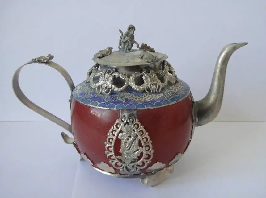 

Collectible Old Handwork Red Jade Tibet Silver Dragon Tea Pot Monkey Lid