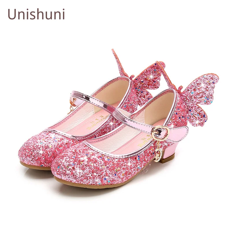 Girls Party Dance Shoes Princess Butterfly Bling Glitter Leather Shoes for Girls High Heel  Children Diamond Bowknot Dress Shoes