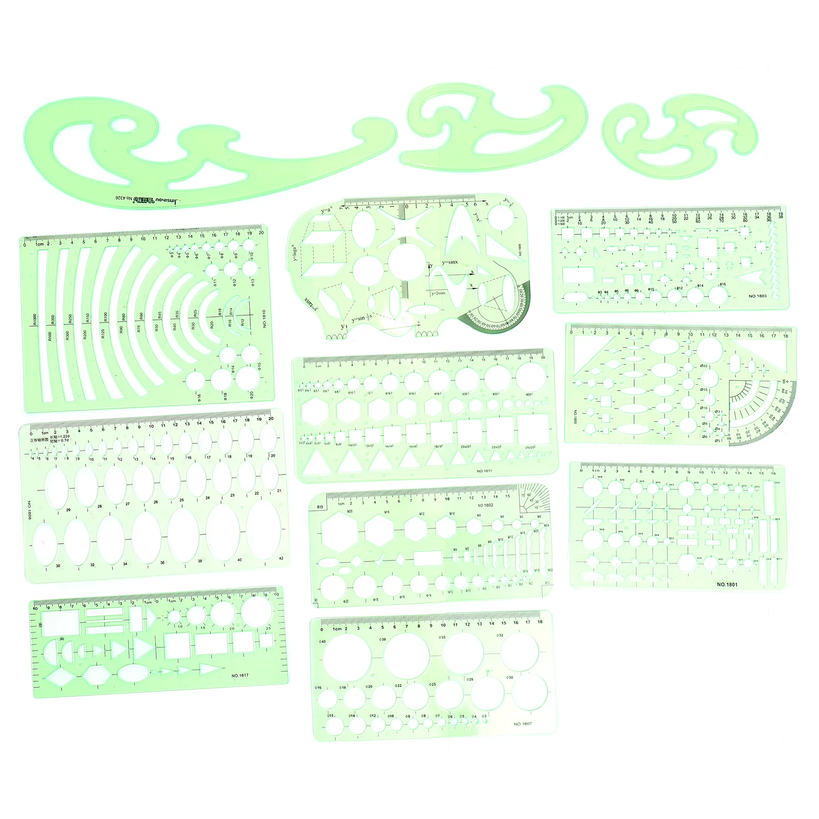 13Pcs Rulers Green Plastic Circles Geometric Template Ruler Stencil Measuring Tool Stationery Students Drawing Curve Ruler