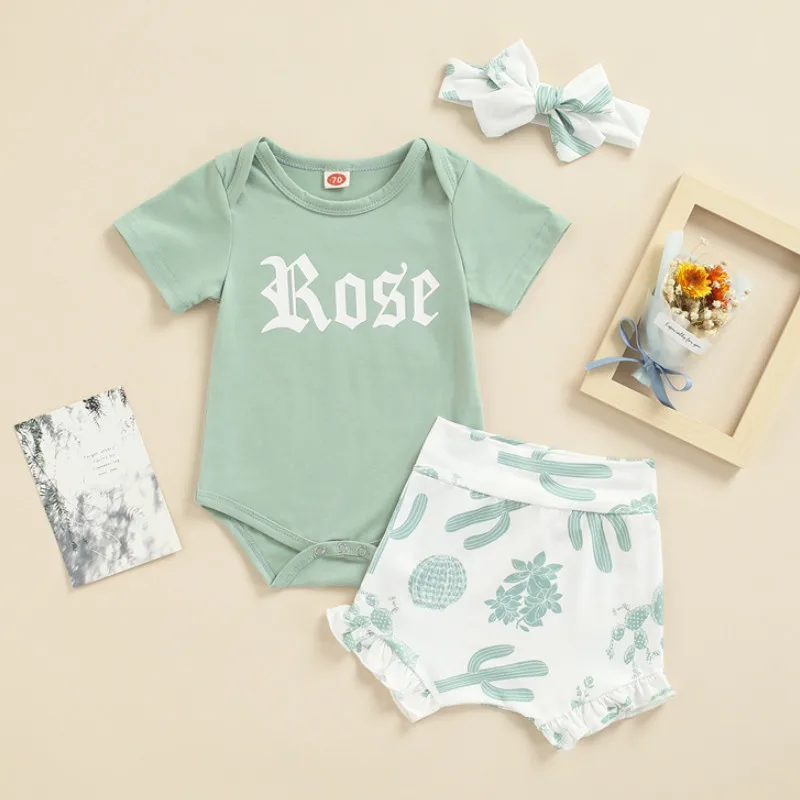 

Newborn Baby Outfits Set Short Sleeve Letter Bodysuits Short Pant Headwear 3Pcs Clothes Suits