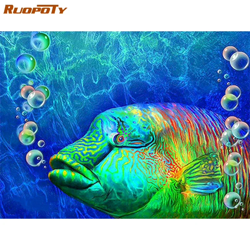 

RUOPOTY DIY Frame Oil Painting By Numbers Fish Kits On Canvas Pictures By Numbers Animal Modern HandPainted Art Unique Gift