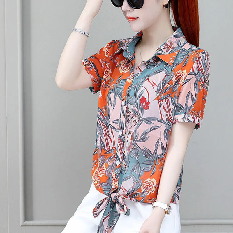 Fashion Lapel Printed Button Loose Bandage Bow Shirt Women's Clothing 2023 Summer New Casual Tops Office Lady Chiffon Blouse
