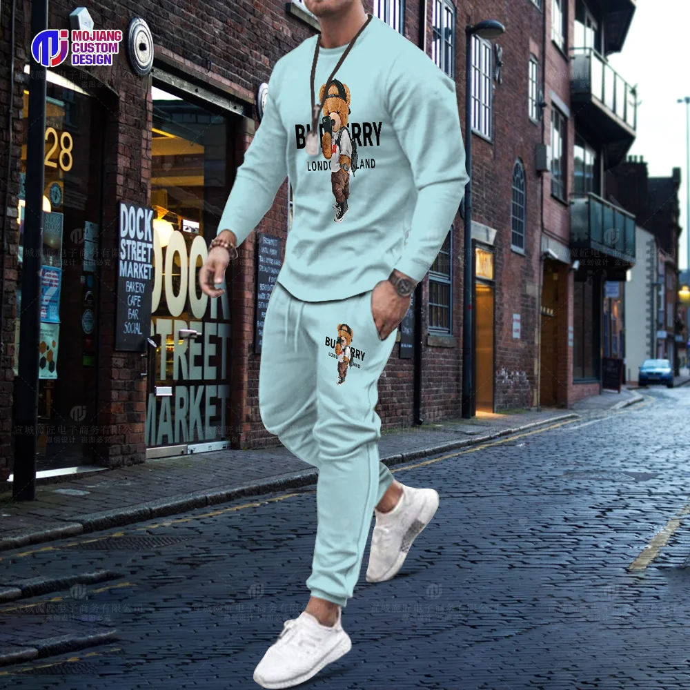 Hot Selling Korean Cotton Bear Long Sleeve T-Shirt Trousers Set Men Luxury 2 Piece Set Streetwear Summer Quality Sportswear