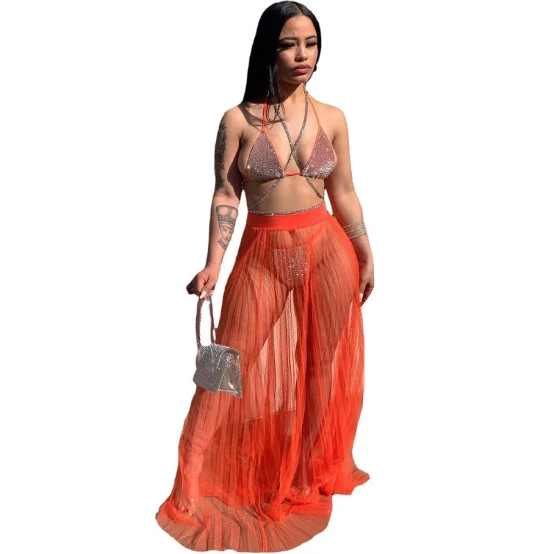 

Bikini Beachwear Women Summer Nightclub Wear New Shiny Bra High Waist Transparent Sexy Mesh Blouse Long Skirt Two Piece Set 2022