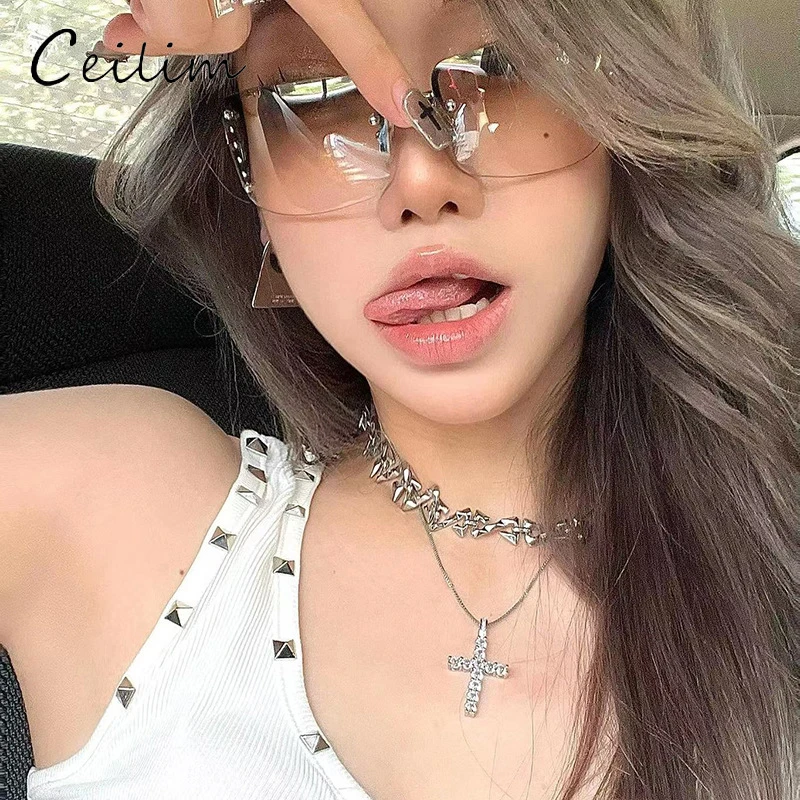 

Fashion Spice Girl Sweet Cool Sunglasses Retro Frameless Square Glasses Trend Personality Diamond Sunglasses for Men and Women