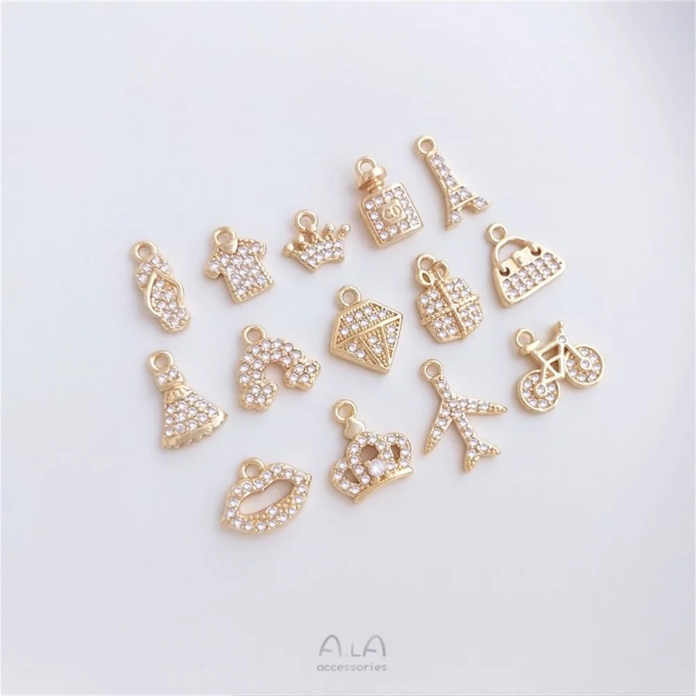 

14K package gold micro-set zirconia girl travel series small charm bag perfume skirt crown diy pendant
