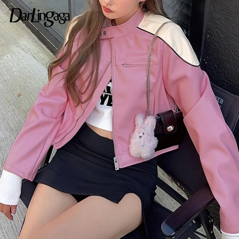 

Darlingaga Fashion Pink Stripe Spliced Autumn Jacket for Women Zip Up PU Leather Coat Korean Streetwear Winter Jackets Contrast
