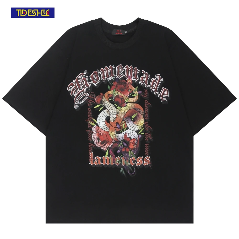 

Футболка TIDESHEC мужская оверсайз, винтажная рубашка в стиле хип-хоп, с принтом змеи и цветов, уличная одежда, повседневный Свободный Топ, лето ...