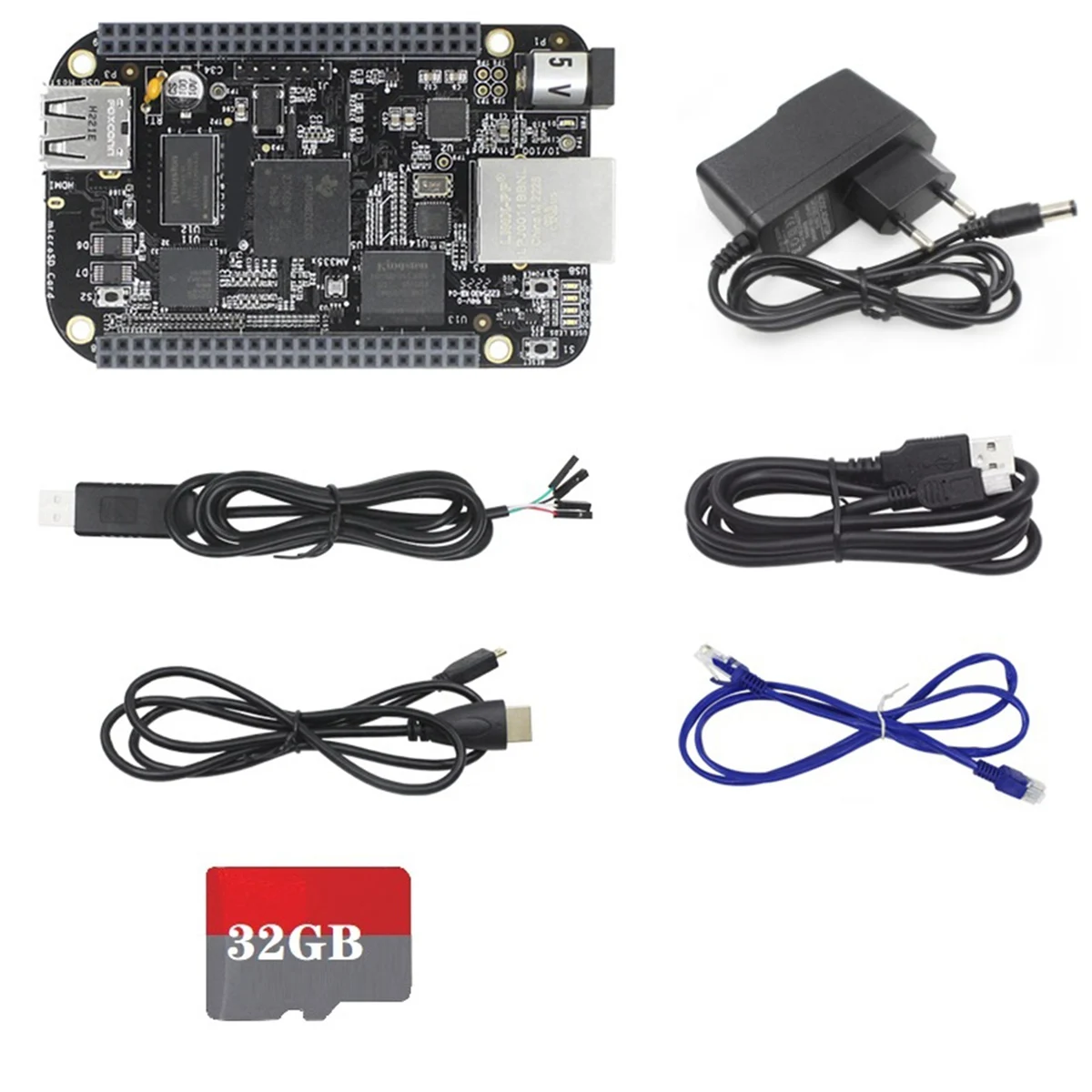 

Макетная плата для Beaglebone BB Black AM3358 512 МБ + 4 Гб EMMC AI с TTL-линией + сетевой кабель + SD-карта 32 ГБ + штепсельная вилка европейского стандарта