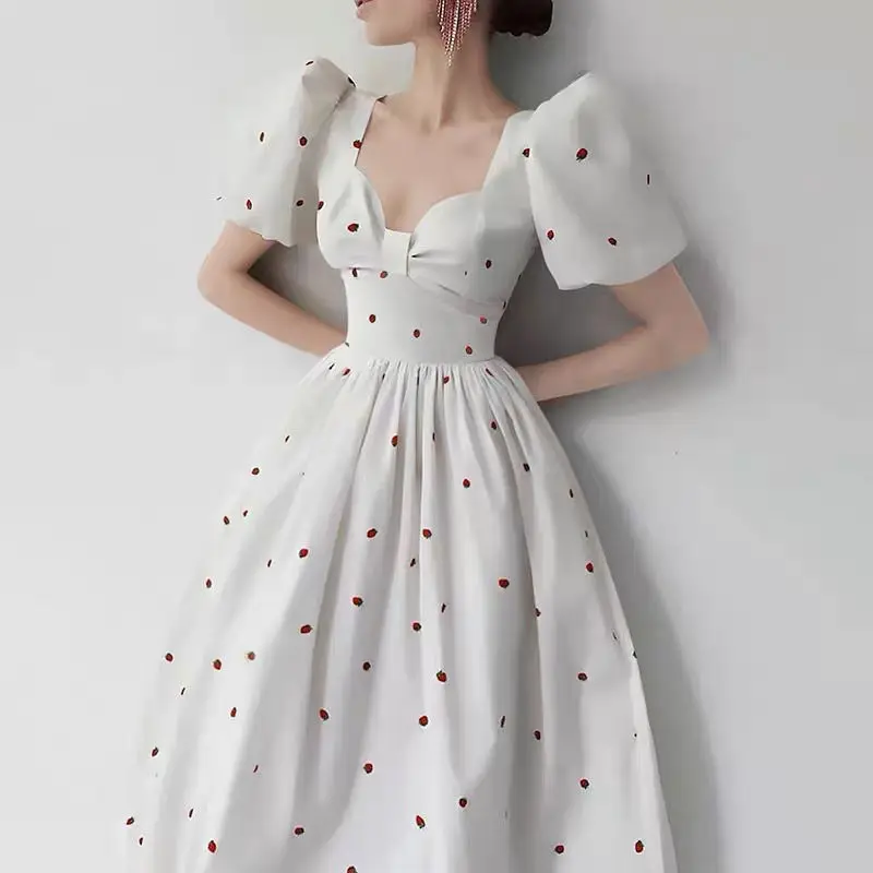 

V-Neck Women Dress Summer 2022 Fashion Sexy Slim Fit Floral Print A-line Short Sleeve High Waist Party Maxi Elegant Lace Dresses