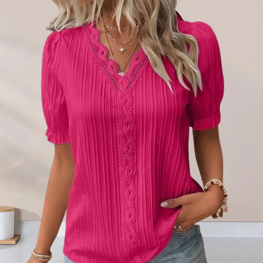 

Soft Beautiful Mid Length Lace Decor Lady Blouse Striped Texture Summer Blouse Hollow Out Women Garment