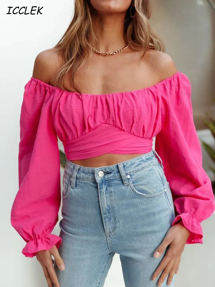 

Icclek Pink Slash Neck Crop Top Cotton Stretchy Shirt Summer Sweet Ruffles Cropped Blouses Wrapped Bandage Women Crop Tops Shirt