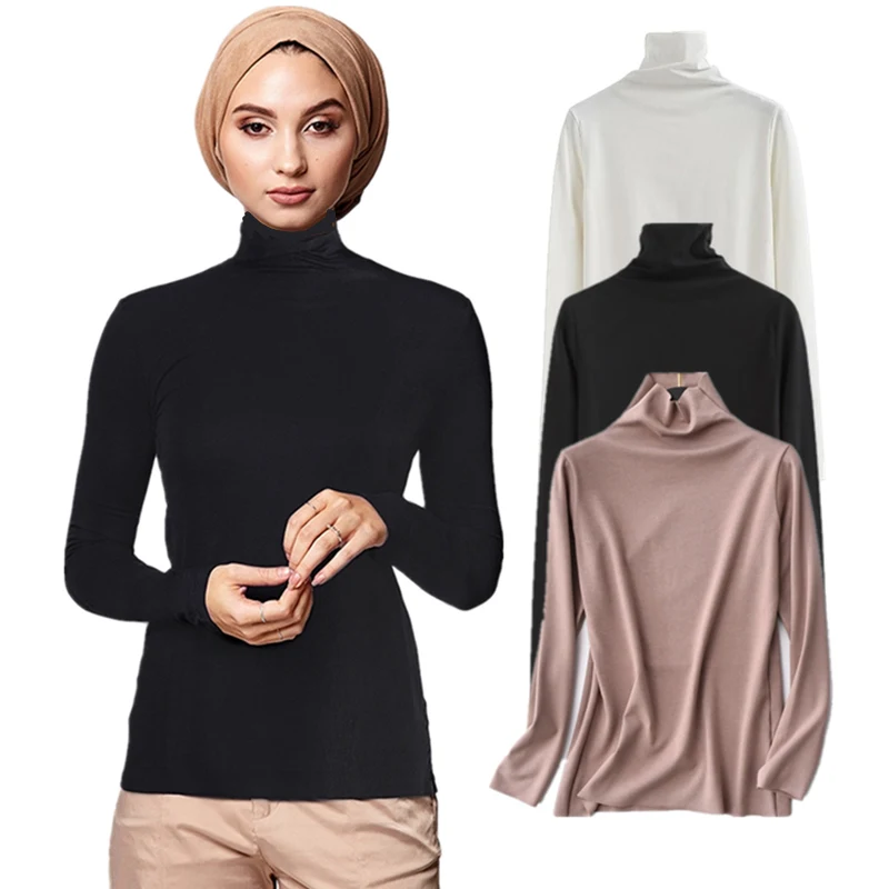Ramadan Eid Mubarak Muslim Fashion Abaya Dubai Turtleneck Tops Islamic Clothing High Neck Blouse Inner Basic Undershirt Pullover