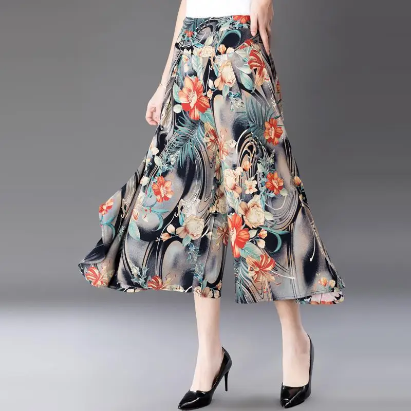 

2022 Women's Summer New Mother Flower Print Trousers Female Middle-aged Dancing Pants Ladies Loose Casual Wide-leg Pants Q06