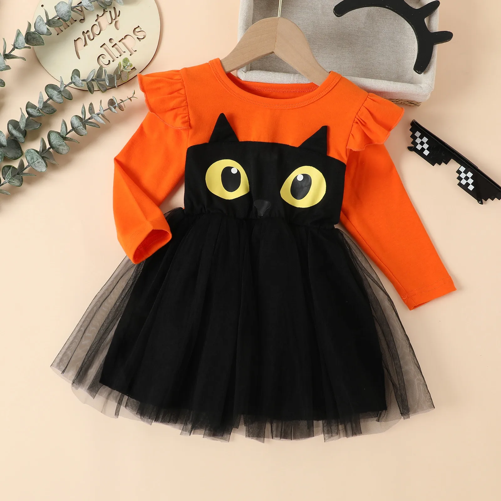 1-6Y Girl Halloween Dress Black Cat Print Cartoon Mesh Tulle Princess Dresses For Girls 2022 Festival Halloween Costume For Kids