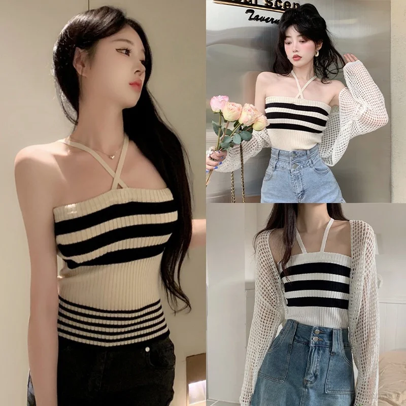 

Женский трикотажный топ с бретелькой через шею и открытой спиной