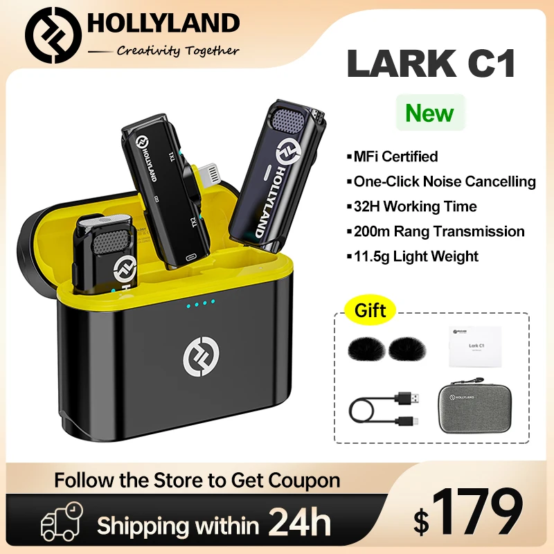 

Hollyland Lark C1 Wireless Lavalier Microphone MFi Certified for iPhone 32h Working Time 200m Range for Vlog Live Streaming