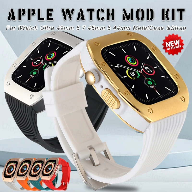 RM Modification Kit Case Band For Apple Watch Ultra 49mm iWatch 8 7 6 5 SE 45mm 44mm Stainless Steel Mod Bezel Silicone Strap