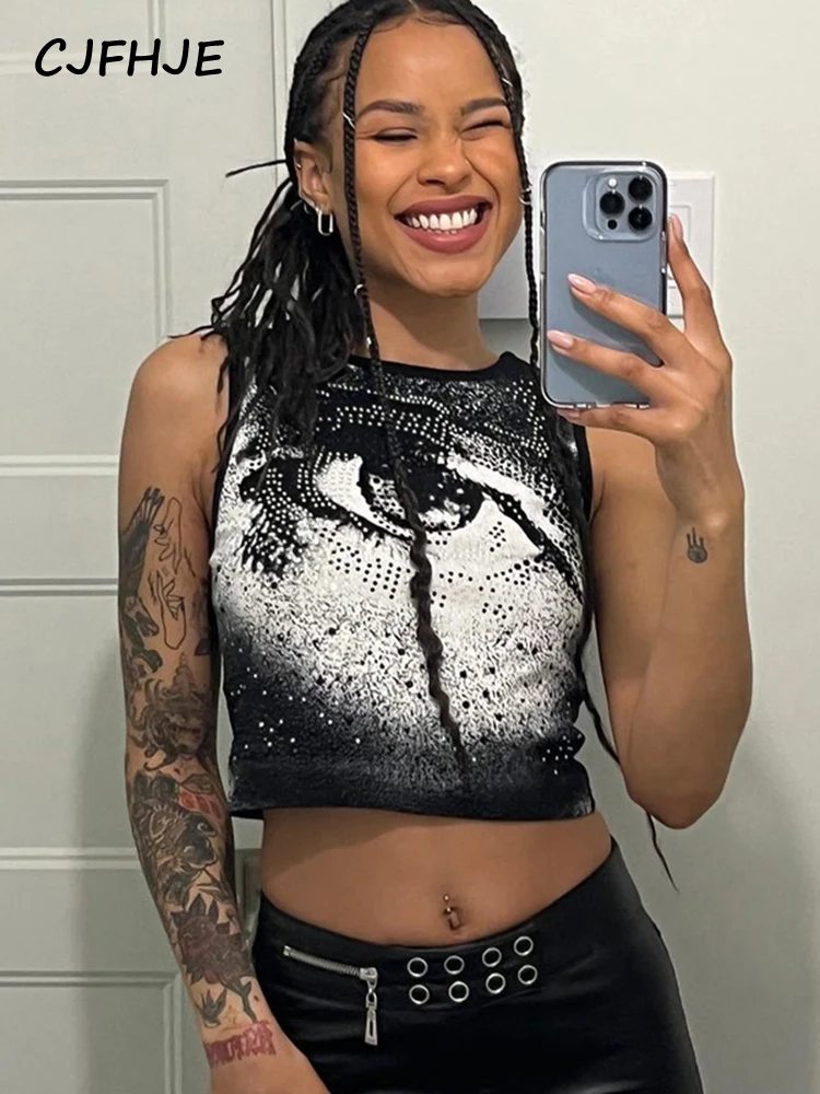 

CJFHJE Sleeveless Print Patchwork Sexy Crop Tops 2022 Summer Women Fashion Streetwear T-Shirts
