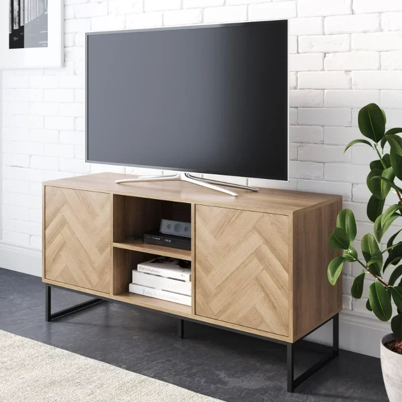 

Media Console Cabinet TV Stand with Hidden Storage Herringbone Pattern Wood Metal, Oak/Black