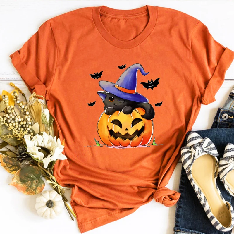 

Vintage Halloween Unisex T Shirt Pumpkin Halloween Graphic Women Clothes Pumpkin and Black Cat Halloween Goth Graphic Tees