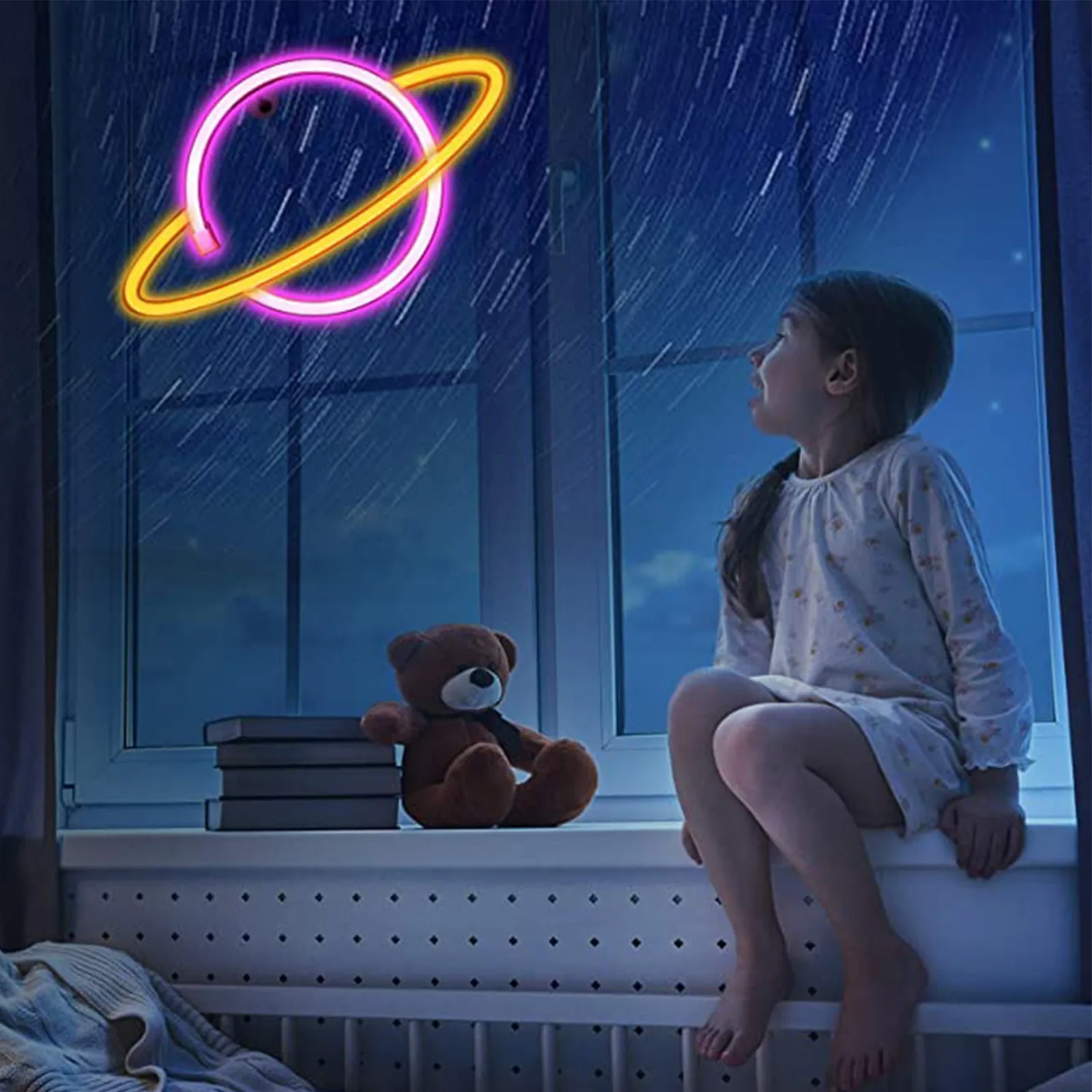 Рождественская красочная фотография желтая неоновая планета с питанием от