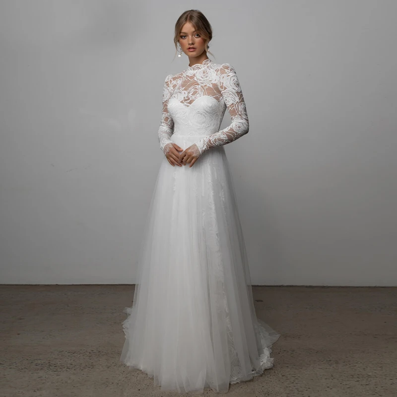 

Boho Wedding Dresses Lace Beach Bride Dresses Long Sleeve Hign Neck A-Line Bohemian Bridal Gowns Plus Size Vestido De Noiva