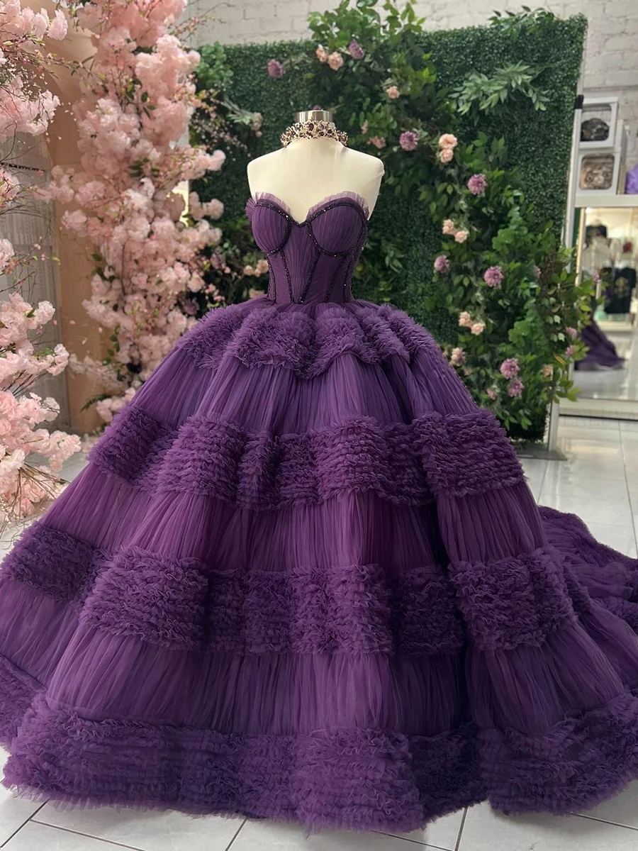 

Purple Pleat Quinceanera Dresses Mexican Sweetheart Beads Puffy Ball Gowns Pleat A-Line Lace Up Tulle Luxury Vestidos De XV Anos